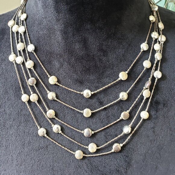 Womens Fashion Silver Beads Multi-Layer Chains Bib Necklace with Lobster Clasp - Picture 1 of 6
